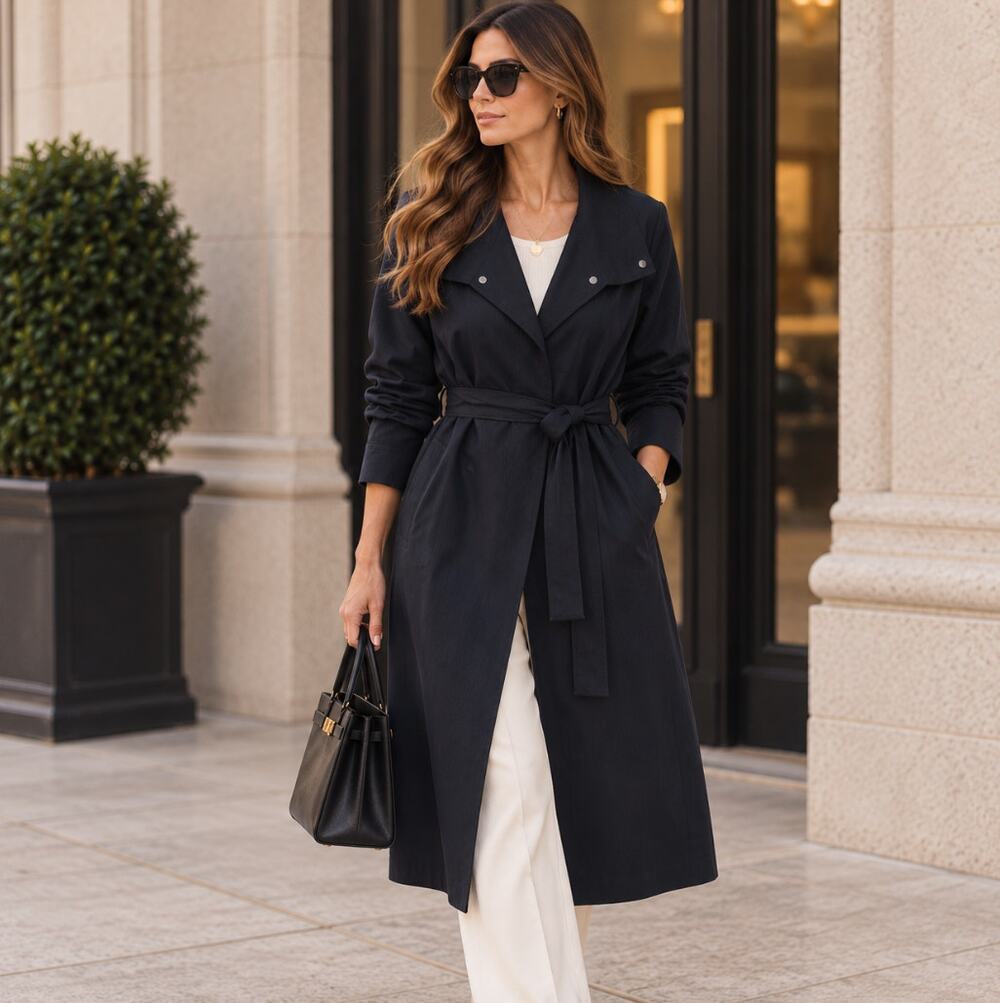 EILEEN FISHER Textured Snap Close Belted Trench Coat Black Sz L $498